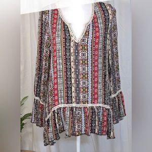 Living doll Boho Ruffle hem bell sleeve v-neck crochet trim printed top